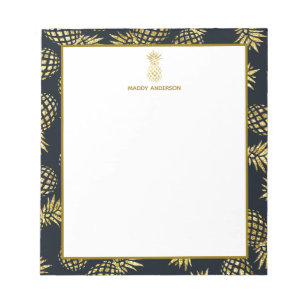 Navy Blue Gold Pineapple Pattern Monogram Notepad