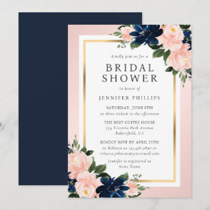 Navy Blue Gold Pink Floral Bridal Shower Invitation