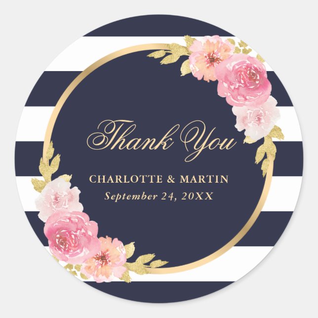 Navy Blue Gold Pink Floral Wedding Thank You Classic Round Sticker (Front)