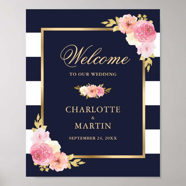 Navy Blue Gold Pink Floral Wedding Welcome Sign (Front)