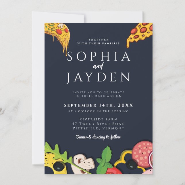 Navy Blue Gold PIZZA Modern Minimal Chic Invitation (Front)