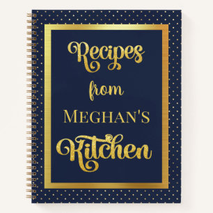 Navy Blue Gold Polka Dot Glitter Recipe Notebook