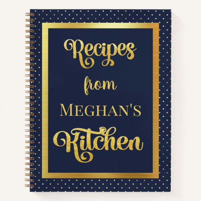 Navy Blue Gold Polka Dot Glitter Recipe Notebook (Front)