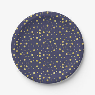 Navy Blue Gold Polka Dots Elegant Paper Plates