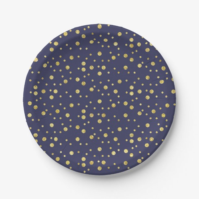 Navy Blue Gold Polka Dots Elegant Paper Plates (Front)