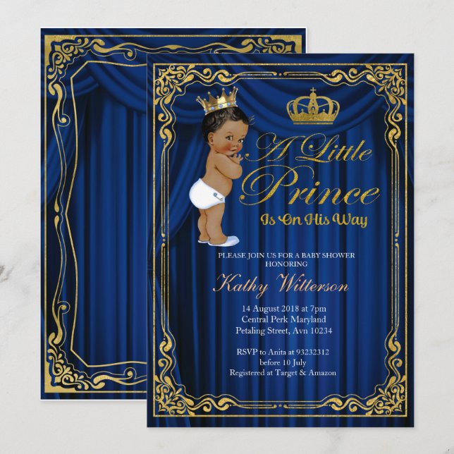 Navy Blue Gold Prince Ethnic Baby Shower invite (Front/Back)