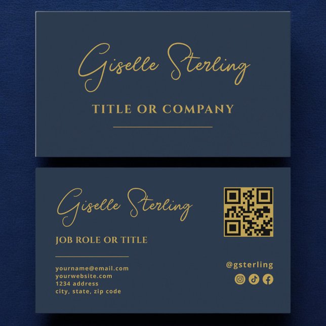 Navy Blue Gold Professional Company Script QR Code Business Card (Creator Uploaded)