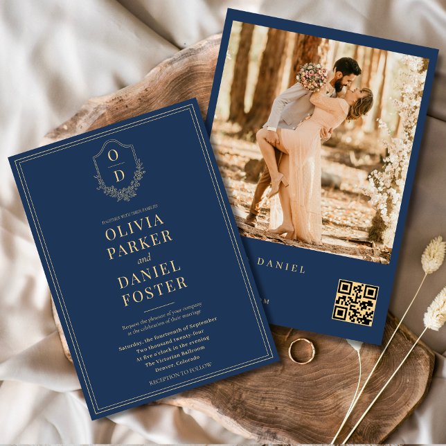 Navy Blue Gold QR Code Crest Photo Wedding Invitation (Creator Uploaded)