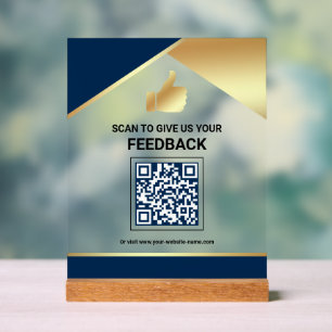 Navy Blue Gold QR Code Customer Feedback Review Acrylic Sign