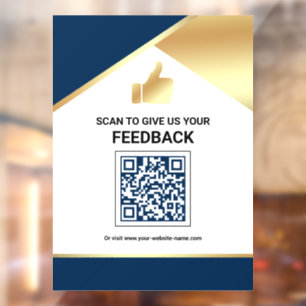 Navy Blue Gold QR Code Customer Feedback Review Window Cling