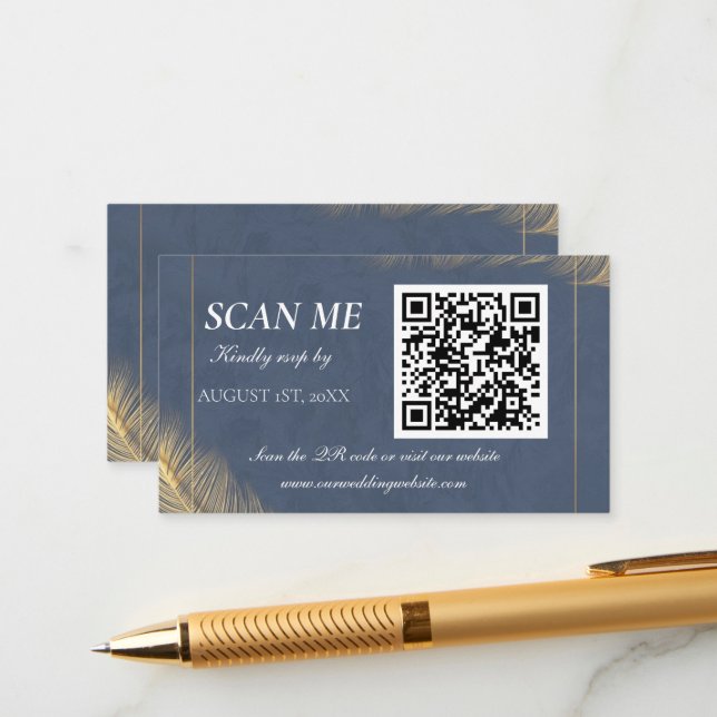 Navy Blue Gold QR Code Digital Wedding RSVP Card (Front/Back In Situ)