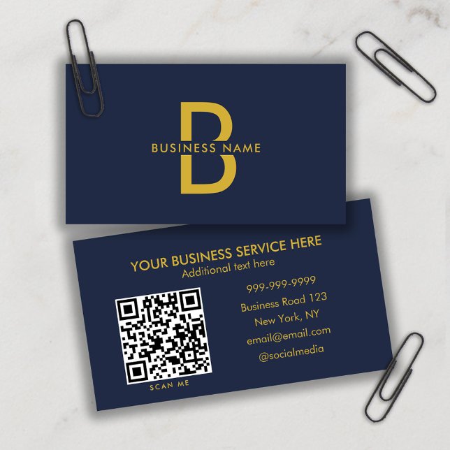 Navy Blue & Gold QR Code Modern Professional  Business Card (Creator Uploaded)