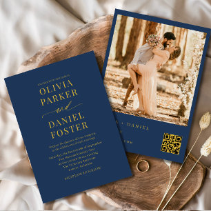 Navy Blue Gold QR Code Photo Elegant Wedding Invitation