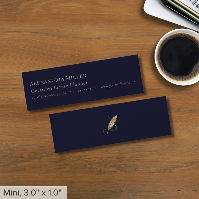 Navy Blue Gold Quill Mini Business Card (Creator Uploaded)