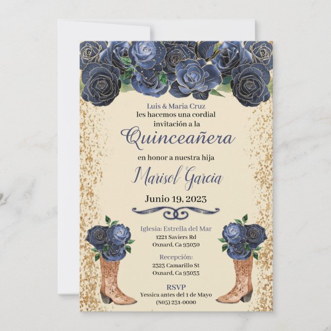 Navy Blue Gold Quinceanera Invitation Floral Blue  (Front)
