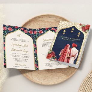 Navy Blue Gold Red Floral All in One Sikh Wedding Invitation