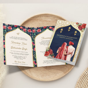 Navy Blue Gold Red Floral All in One Sikh Wedding Invitation