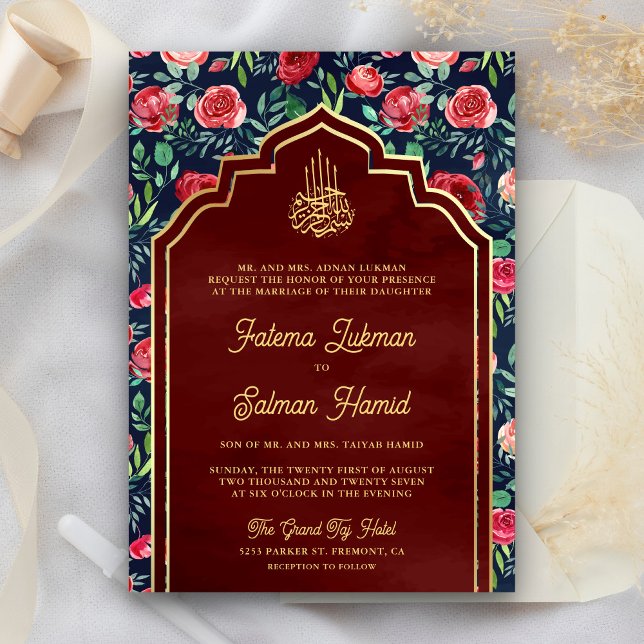 Navy Blue Gold Red Roses Floral Muslim Wedding Invitation (Creator Uploaded)