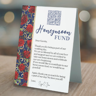 Navy Blue & Gold Red Roses QR Code Honeymoon Fund