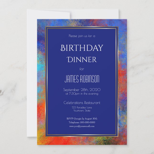Navy Blue Gold Red Watercolor Birthday Dinner Invitation (Front)