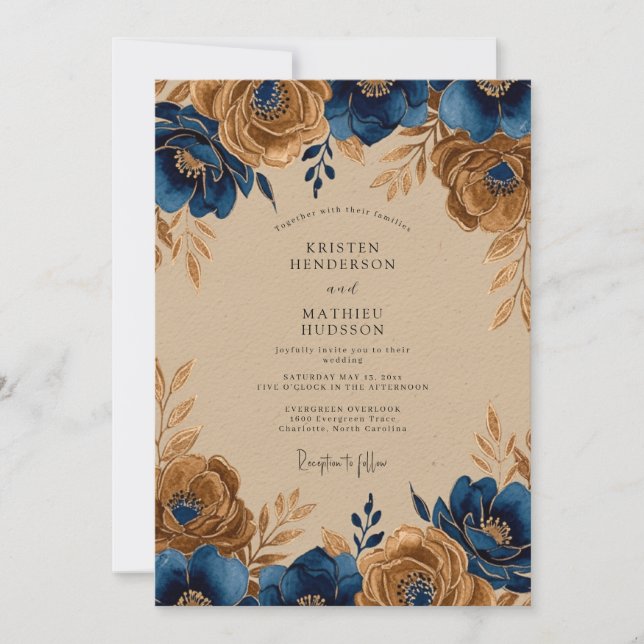 Navy Blue Gold Regal Rustic Wedding Invitation (Front)