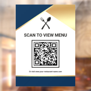 Navy Blue Gold Restaurant Digital QR Code Menu Window Cling