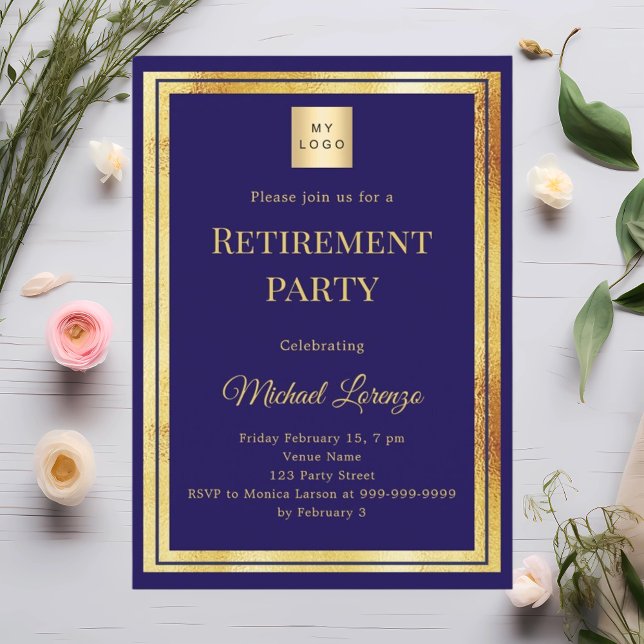 Navy blue gold retirement party business logo invitation (Creator Uploaded)