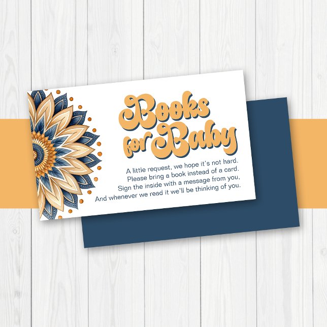 Navy Blue Gold Retro Sunflower Books for Baby Enclosure Card (Navy Blue and Gold Retro Typography Books for Baby Inserts)