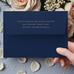 Navy Blue Gold Return Address Wedding Envelope