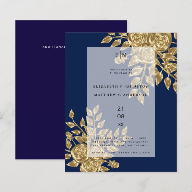 Navy Blue Gold Rose Metallic Wedding Invitations (Front/Back)