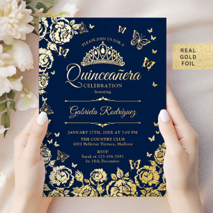 Navy Blue Gold Roses Butterflies Quinceanera