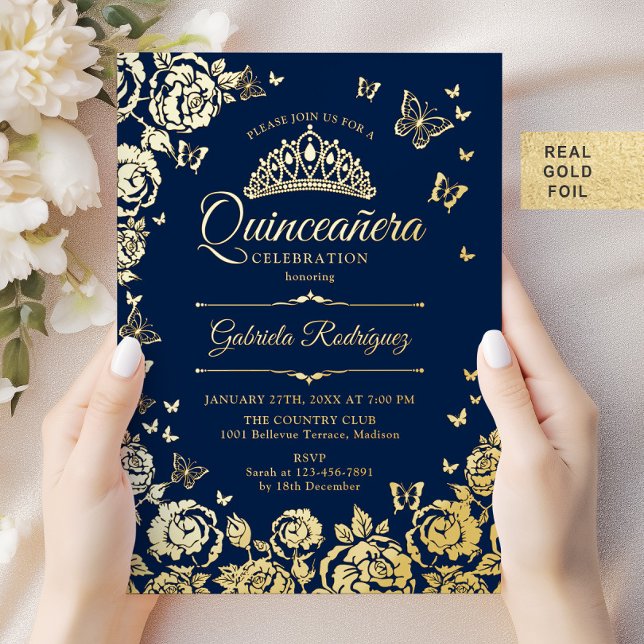 Navy Blue Gold Roses Butterflies Quinceanera (Creator Uploaded)