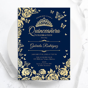 Navy Blue Gold Roses Butterflies Quinceanera Invitation
