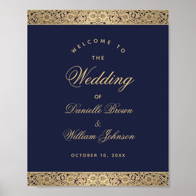 Navy Blue Gold Roses Elegant Wedding Welcome Sign (Front)