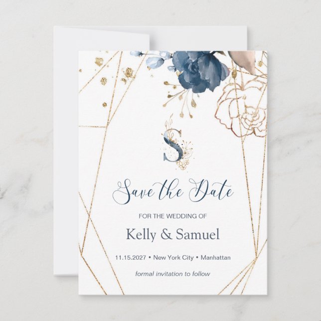 Navy blue & gold roses Save the Date (Front)