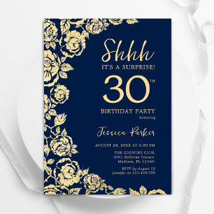 Navy Blue Gold Roses Surprise 30th Birthday Invitation