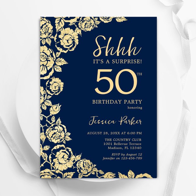 Navy Blue Gold Roses Surprise 50th Birthday Invitation (Creator Uploaded)