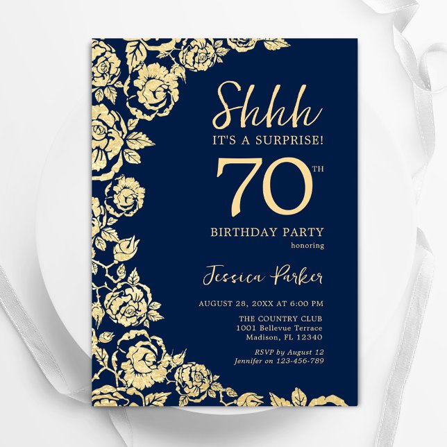Navy Blue Gold Roses Surprise 70th Birthday Invitation (Creator Uploaded)
