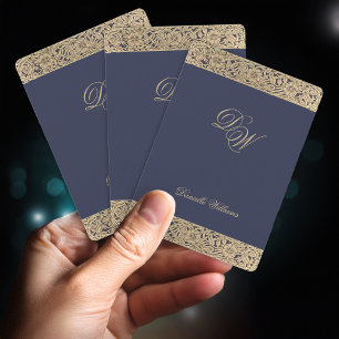 Navy Blue Gold Roses Vintage 2 Initials Monogram Playing Cards