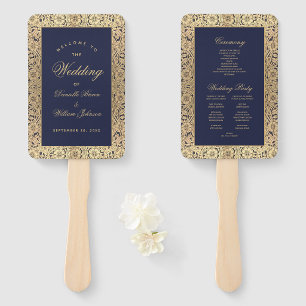 Navy Blue Gold Roses Vintage Wedding Program Hand Fan