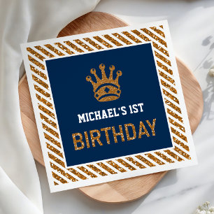 Navy Blue Gold Royal Prince Crown First Birthday Napkin