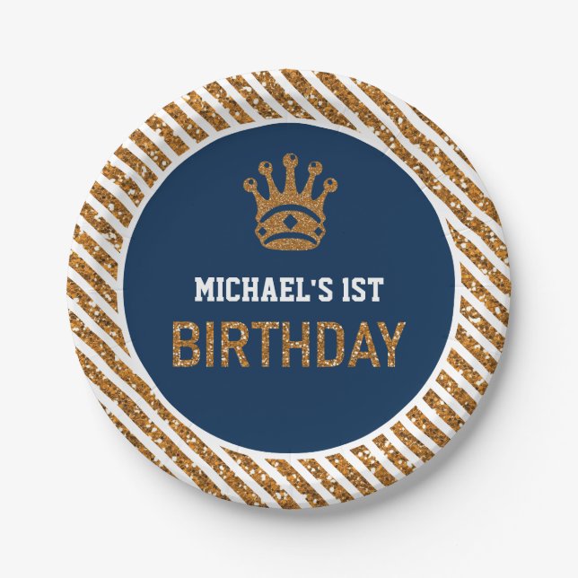 Navy Blue Gold Royal Prince Crown First Birthday Paper Plate (Front)