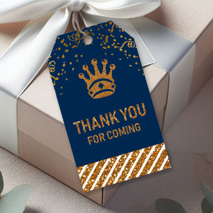 Navy Blue Gold Royal Prince Crown Thank You Gift Tags