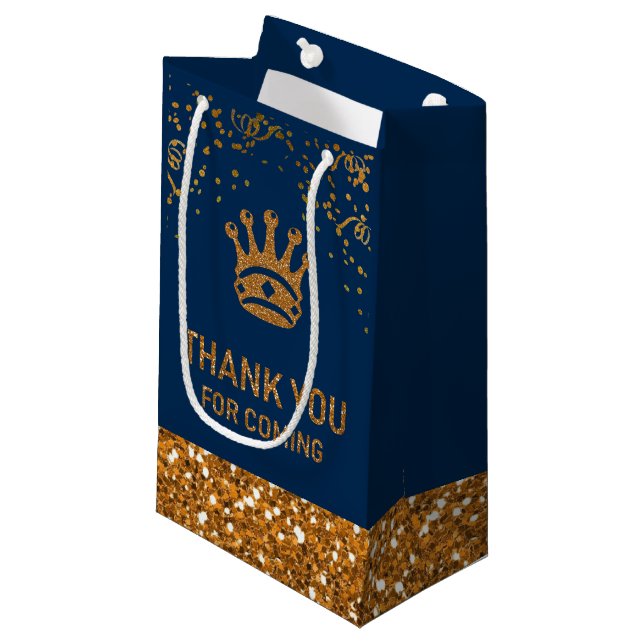 Navy Blue Gold Royal Prince Crown Thank You Small Gift Bag (Front Angled)