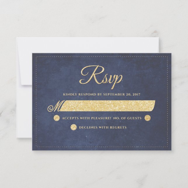 Navy Blue Gold Rustic Chic Wedding RSVP (Front)