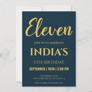 Navy Blue & Gold Script 11th Birthday  Invitation