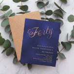 Navy blue gold script 40th birthday invitation<br><div class="desc">A modern,  stylish invitation for a 40th birthday party.  A navy blue,  uneven coloured background and the word Forty written with elegant large script letters in faux gold. Personalise and add a name and party details. 

1 sheet = 1 invitation printed edge to edge.</div>