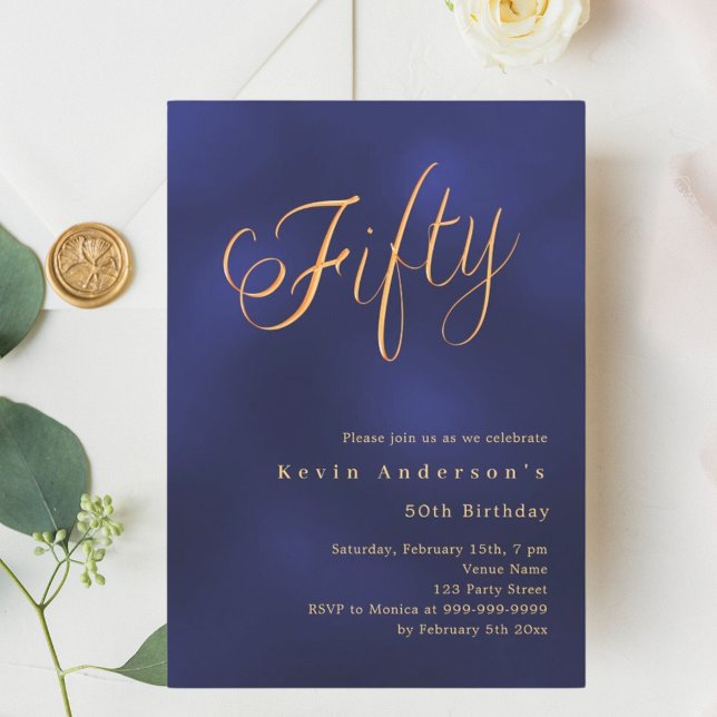 Navy blue gold script 50th birthday invitation (Creator Uploaded)
