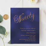 Navy blue gold script 90th birthday invitation<br><div class="desc">A modern,  stylish invitation for a 90th birthday party.  A navy blue,  uneven coloured background and the word Ninety written with elegant large script letters in faux gold. Personalise and add a name and party details. 

1 sheet = 1 invitation printed edge to edge.</div>