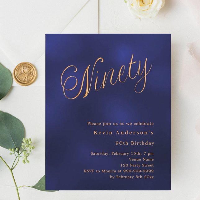 Navy blue gold script 90th birthday invitation (Creator Uploaded)